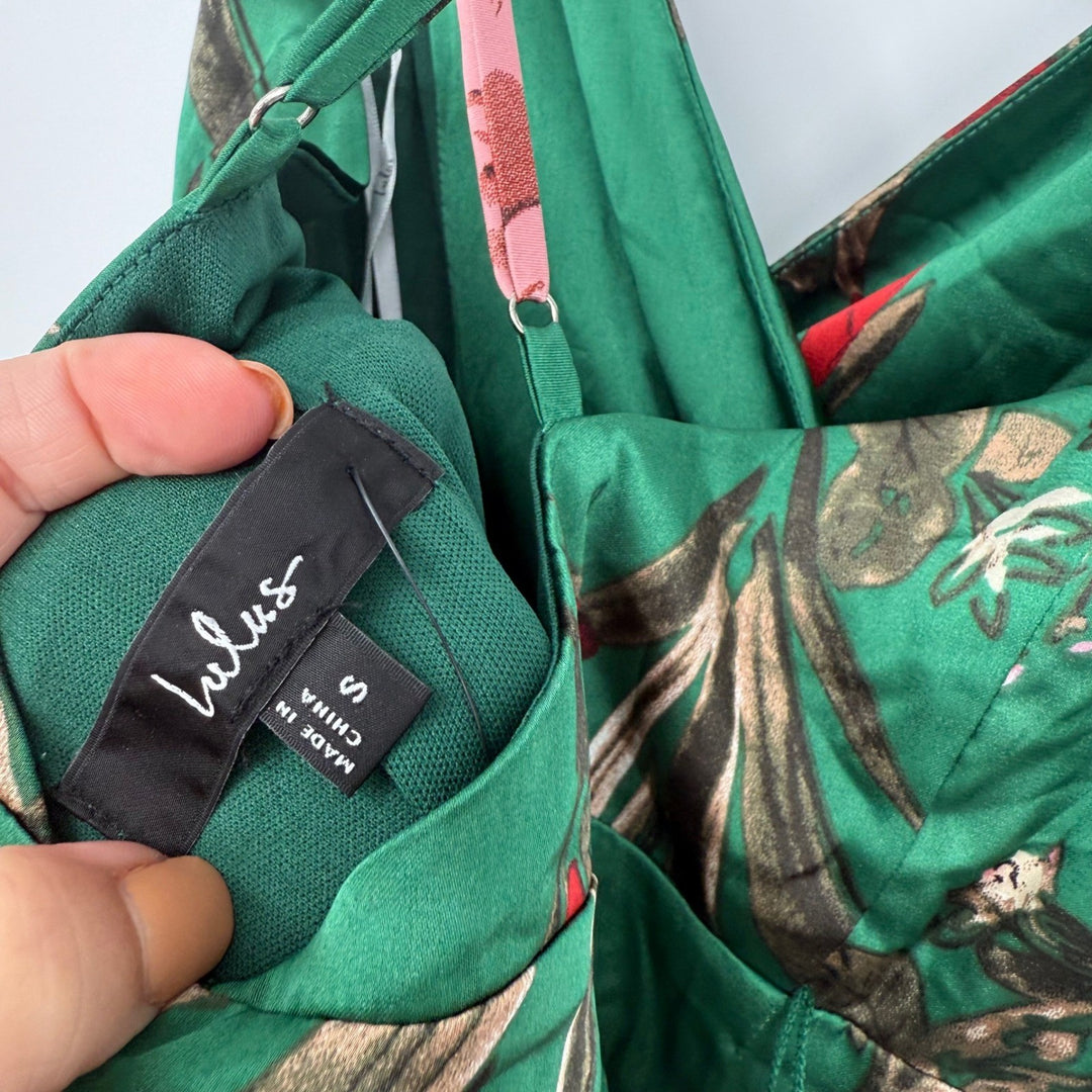 Lulus Still The One Emerald Green Floral Print Satin Maxi Dress Size S