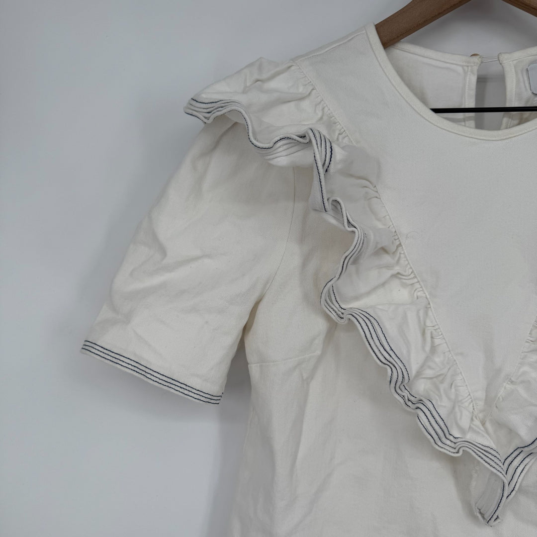Saylor Nautical Harriette Denim Top Women Large White Cotton Ruffle Keyhole Back