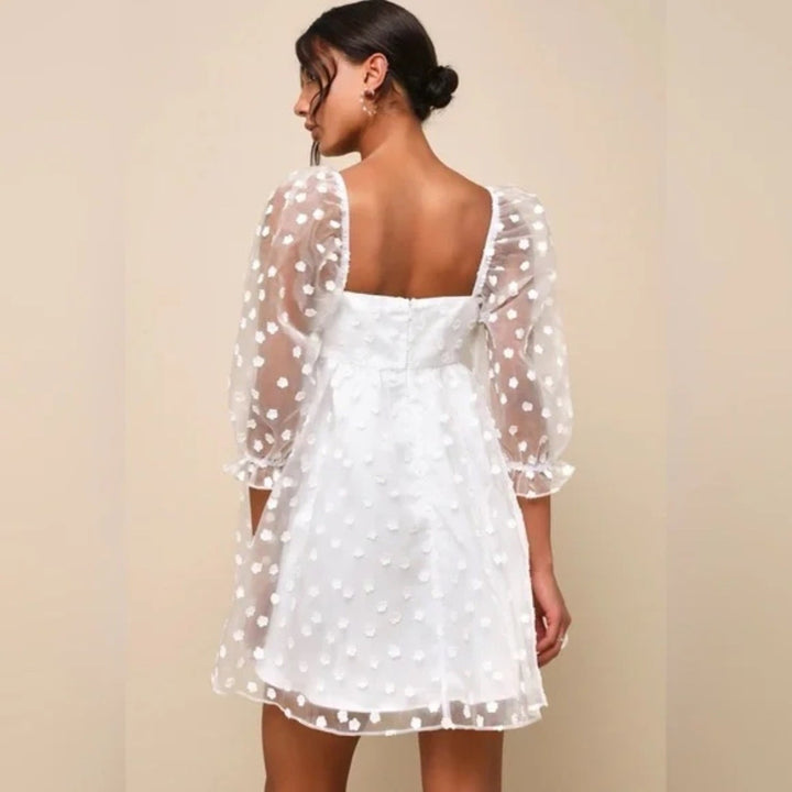 Lulus Effervescent Charm White Organza Floral Babydoll Mini Dress Size M