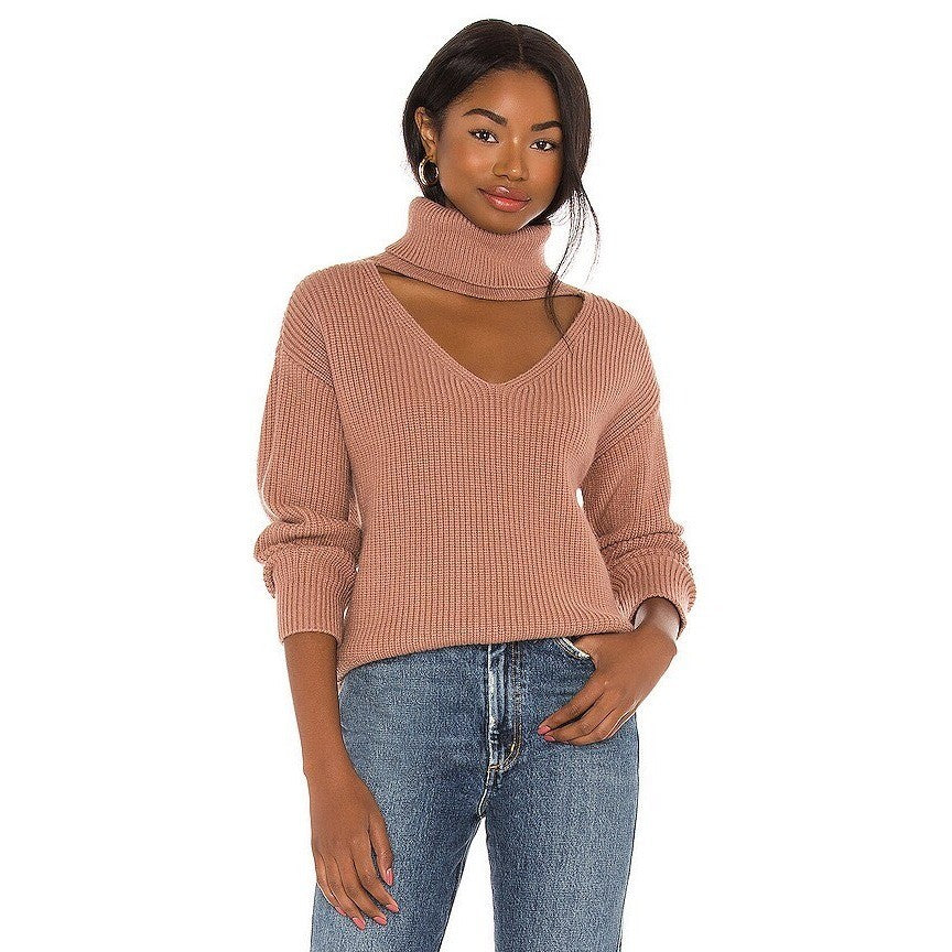 Lovers + Friends Tove Sweater in Camel Cutout Turtleneck Ribbed Knit Pullover S