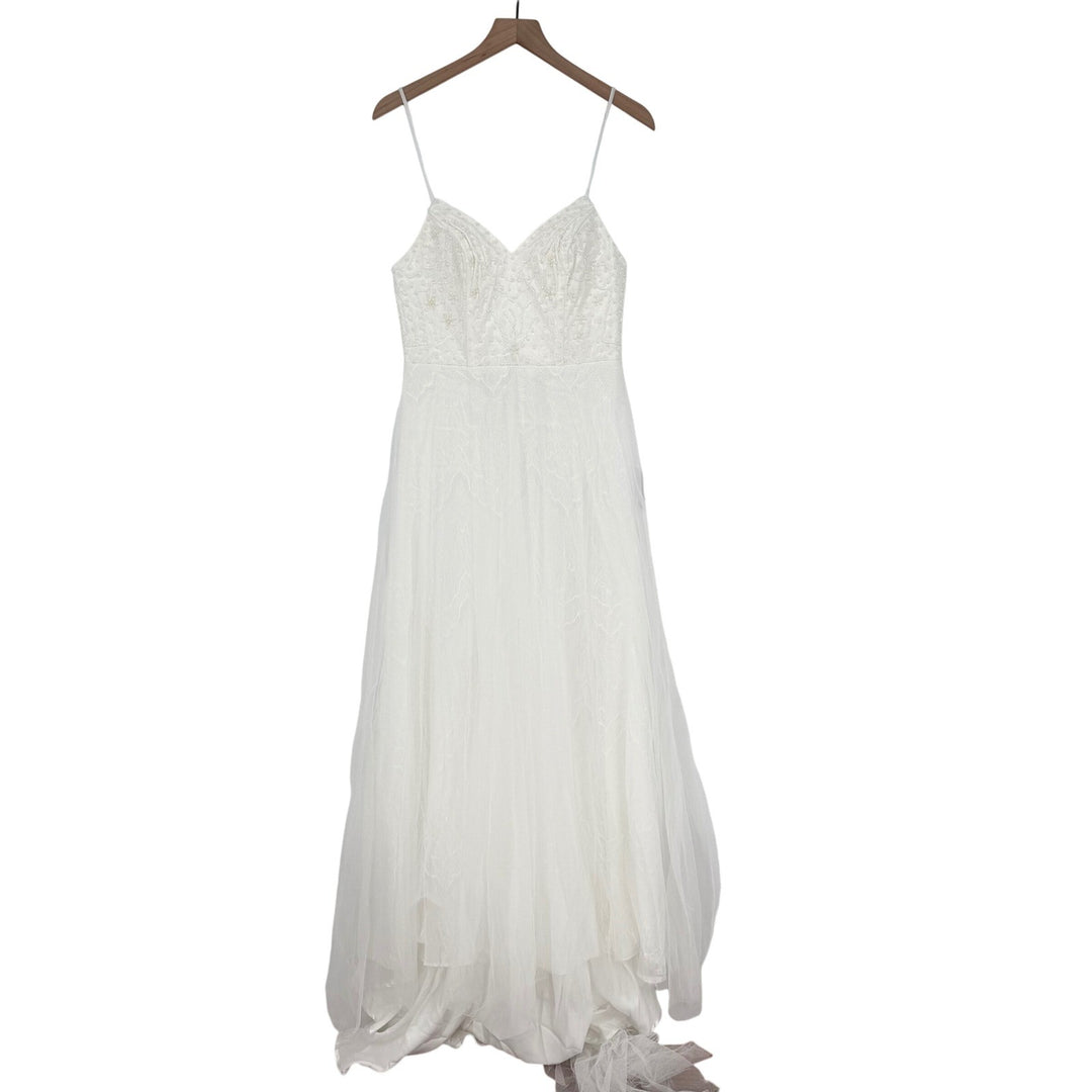 Lulus Love Perfection White Lace Tule Pearl Beaded Maxi Dress Size M