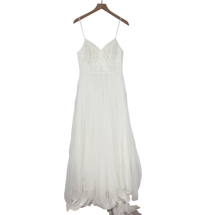 Lulus Love Perfection White Lace Tule Pearl Beaded Maxi Dress Size M