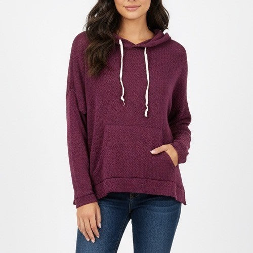 AQUA Burgundy Knit Pullover Hoodie Lightweight Casual Drawstring Pocket XS
