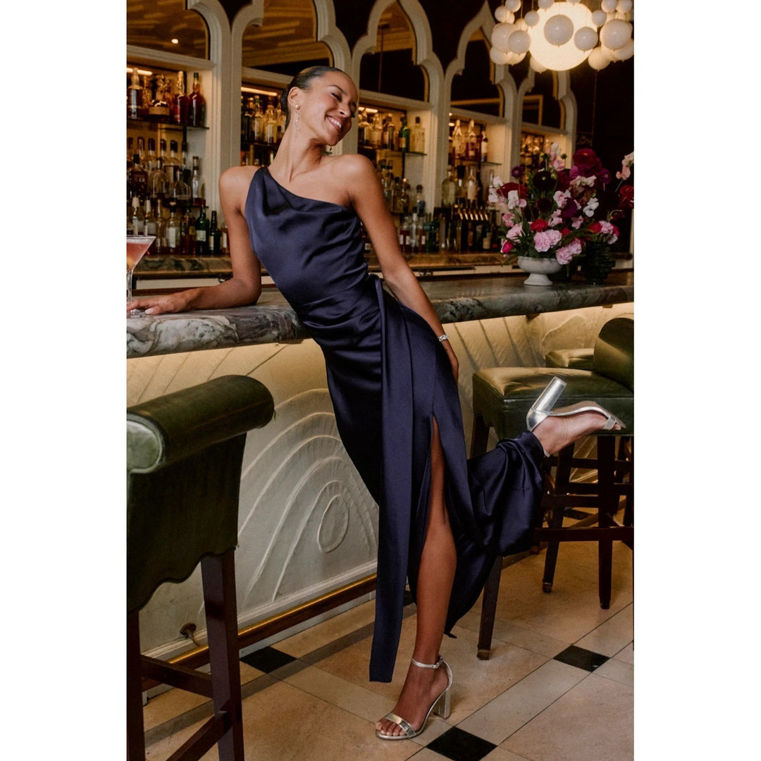 Lulus Signature Elegance Navy Satin One-Shoulder Maxi Dress Size S