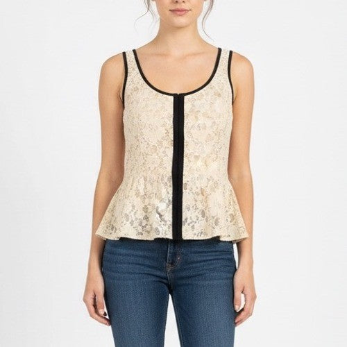 Full Tilt Peplum Lace Tank Top Cream Black Trim Size M