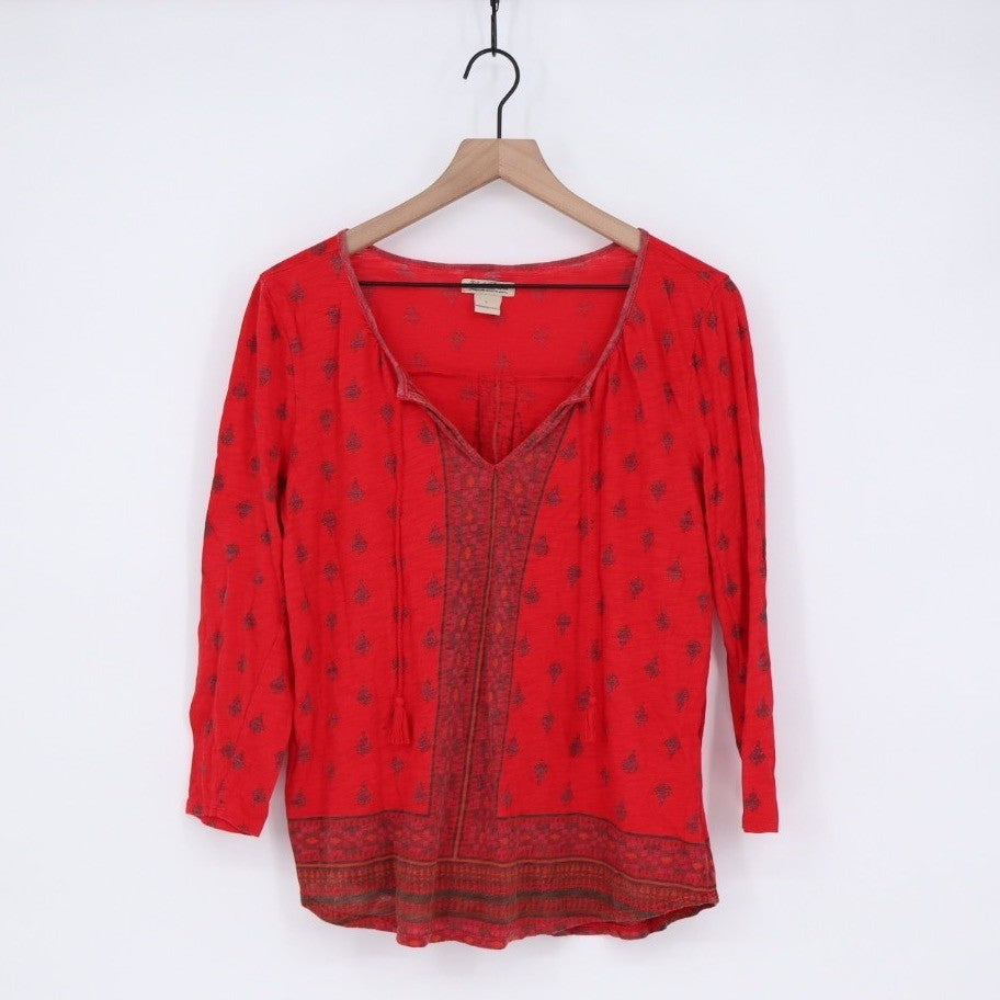 Lucky Brand Red Floral Print Tassel V Neck Long Sleeve Top Women's Size L