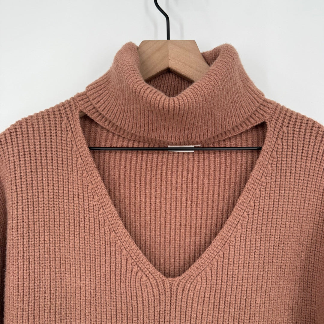 Lovers + Friends Tove Sweater in Camel Cutout Turtleneck Ribbed Knit Pullover S