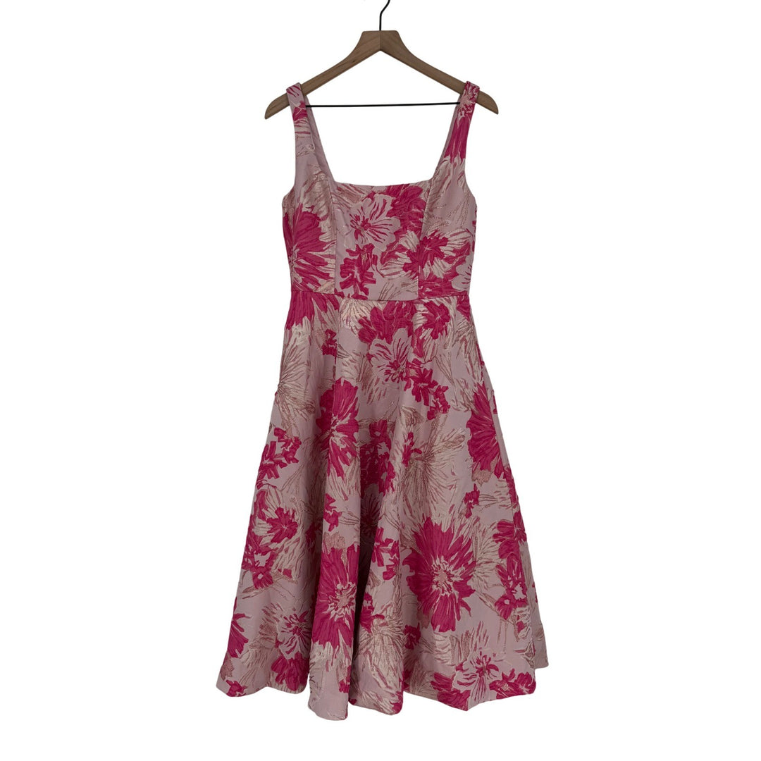 Dessy Collection Hibiscus Pink Square Floral Jacquard Midi Dress Size 10