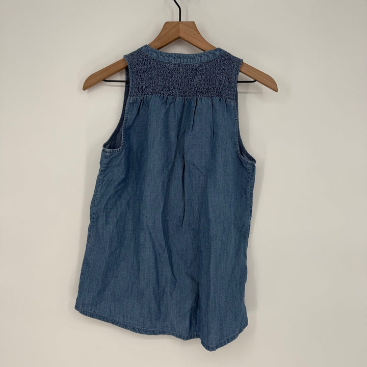 SOFT JOIE Chambray Denim Smocked Neck Sleeveless V-Neck Blouse Top XS
