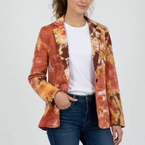TINA JO Tie Dye Linen Blend Blazer Jacket Orange Brown White Size S