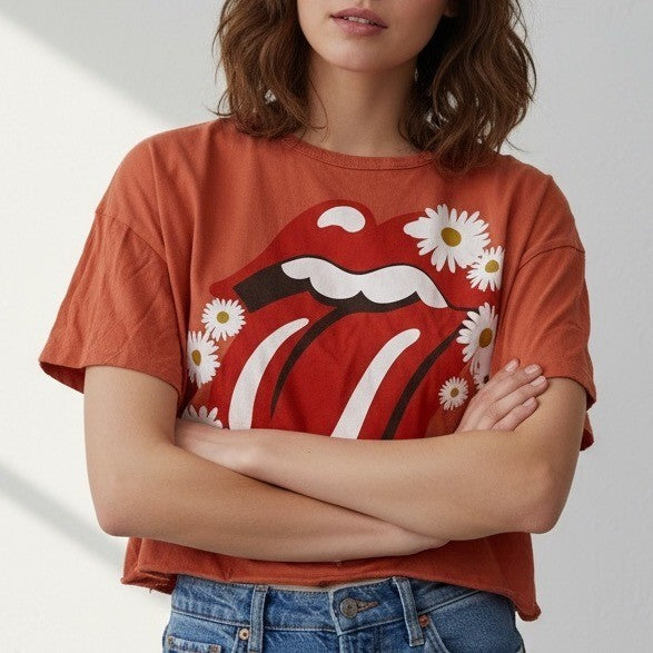 The Rolling Stones Daisy Lips Cropped T Shirt Orange Cotton Size S