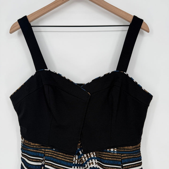 Anthropologie Deletta Nathalie Peplum Top Black Pleated Stripes Plaid Size L