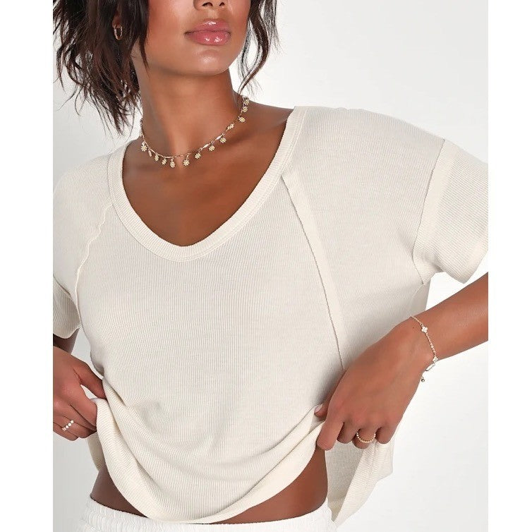 Lulus Cream Ribbed V Neck Dolman Sleeve T Shirt Top XS