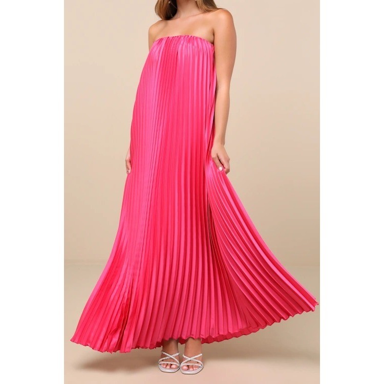 Lulus Strapless Pleated Maxi Dress Hot Pink XL