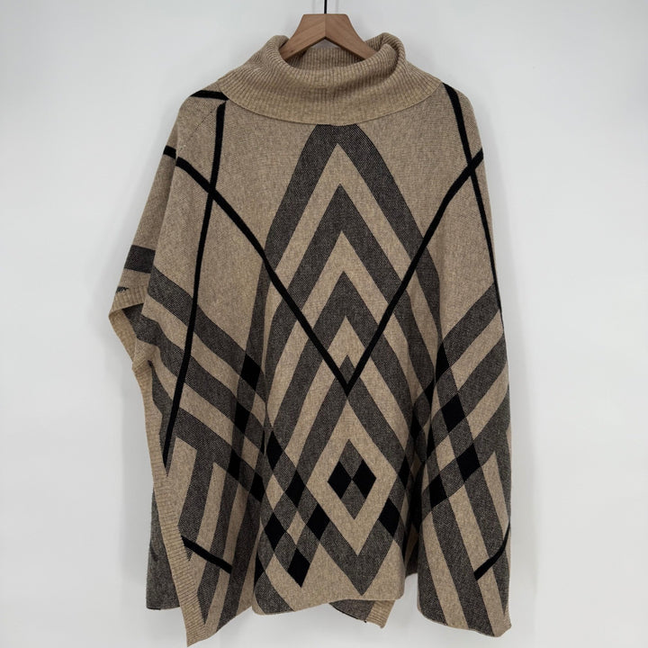 Bacciano Tan Plaid Turtleneck Poncho Cape Sweater Size M