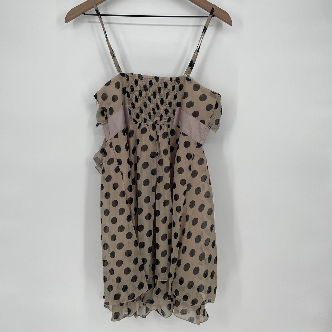 Lucy & Co Polka Dot Ruffle Dress Tan Black Spaghetti Strap Mini