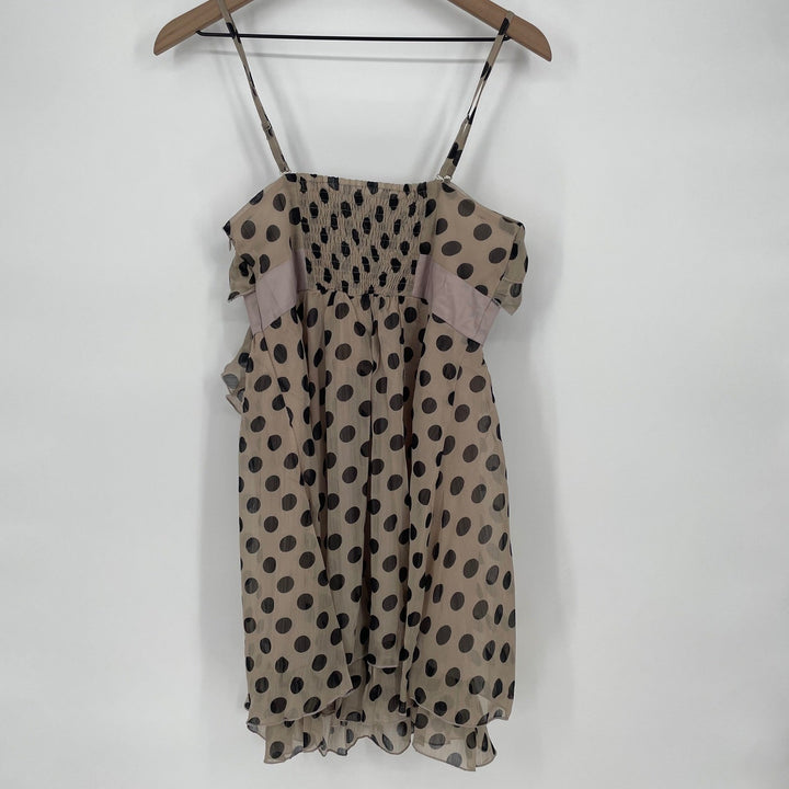 Lucy & Co Polka Dot Ruffle Dress Tan Black Spaghetti Strap Mini
