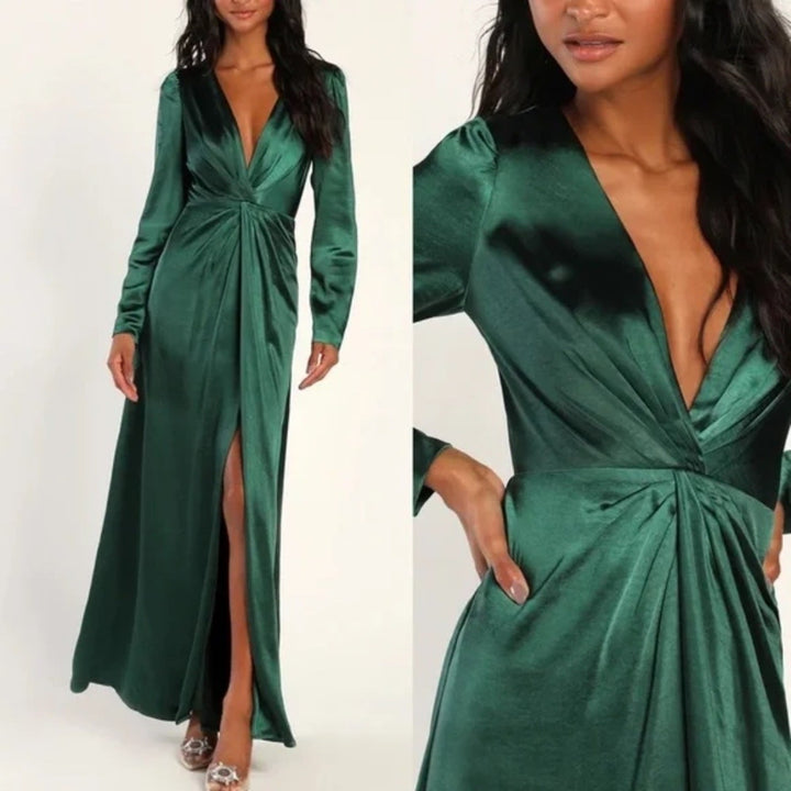 Lulus Endearing Elegance Emerald Green Satin Long Sleeve Maxi Dress Size 3X