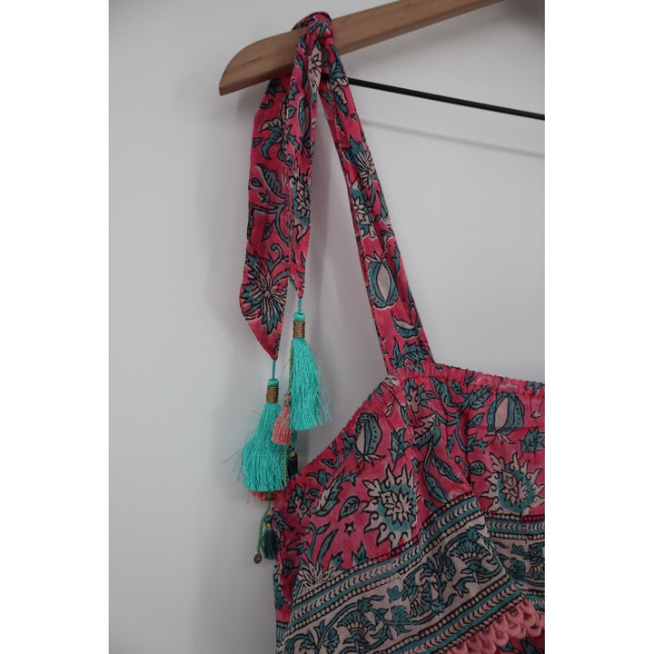 ALICIA BELL Floral Print Tassel Tie Shoulder Dress XL Red Blue Silk Cotton