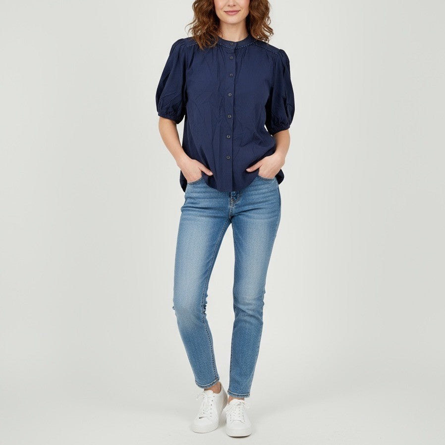 Pretty Garden Navy Blue Puff Sleeve Button Down Shirt Women's XL Casual