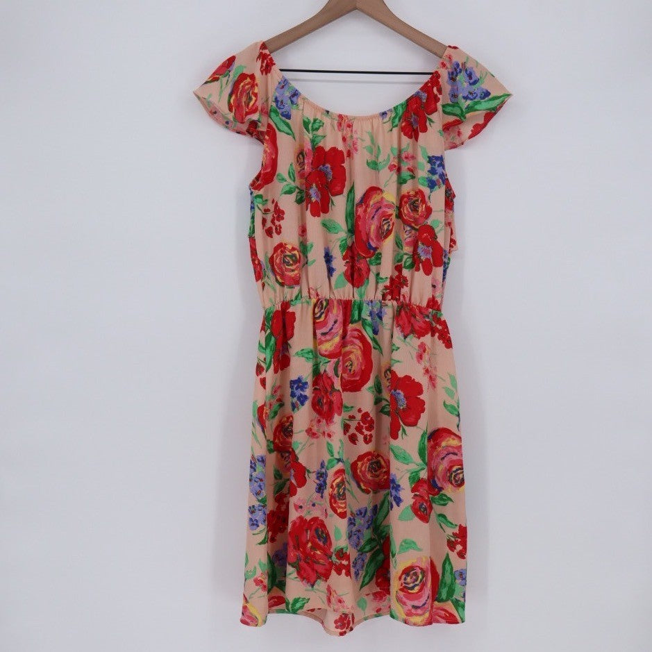 Everly Floral Ruffle Off Shoulder Dress Peach Red Blue Size L