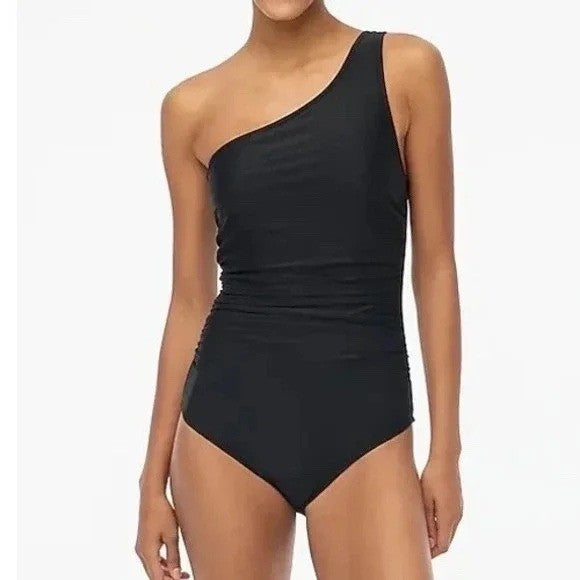 J. Crew Black One Shoulder Ruched One Piece Swimsuit Size M BR552