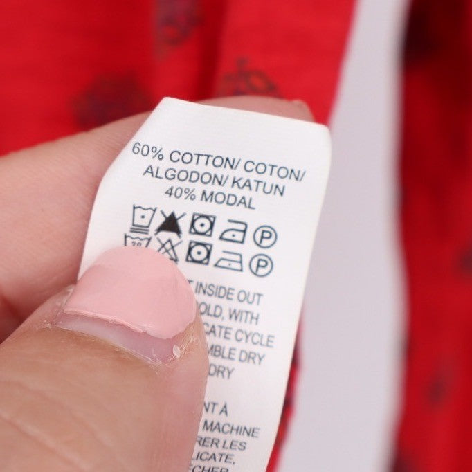 Lucky Brand Red Floral Print Tassel V Neck Long Sleeve Top Women's Size L