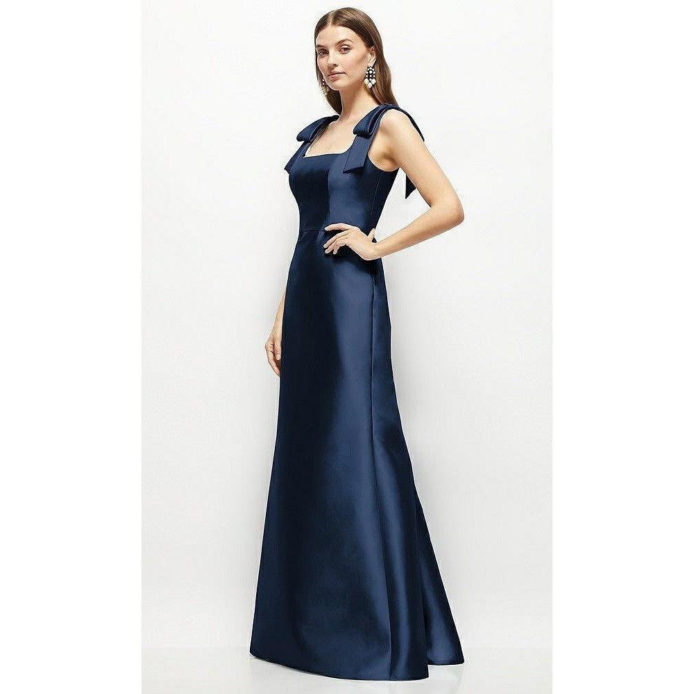 Alfred Sung Navy Square Neck Bow Shoulder Maxi Dress Formal Evening Gown
