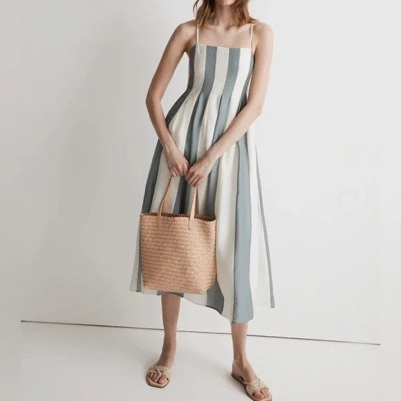 Madewell Pleated Midi Dress Linen Blend Overcast Size 0