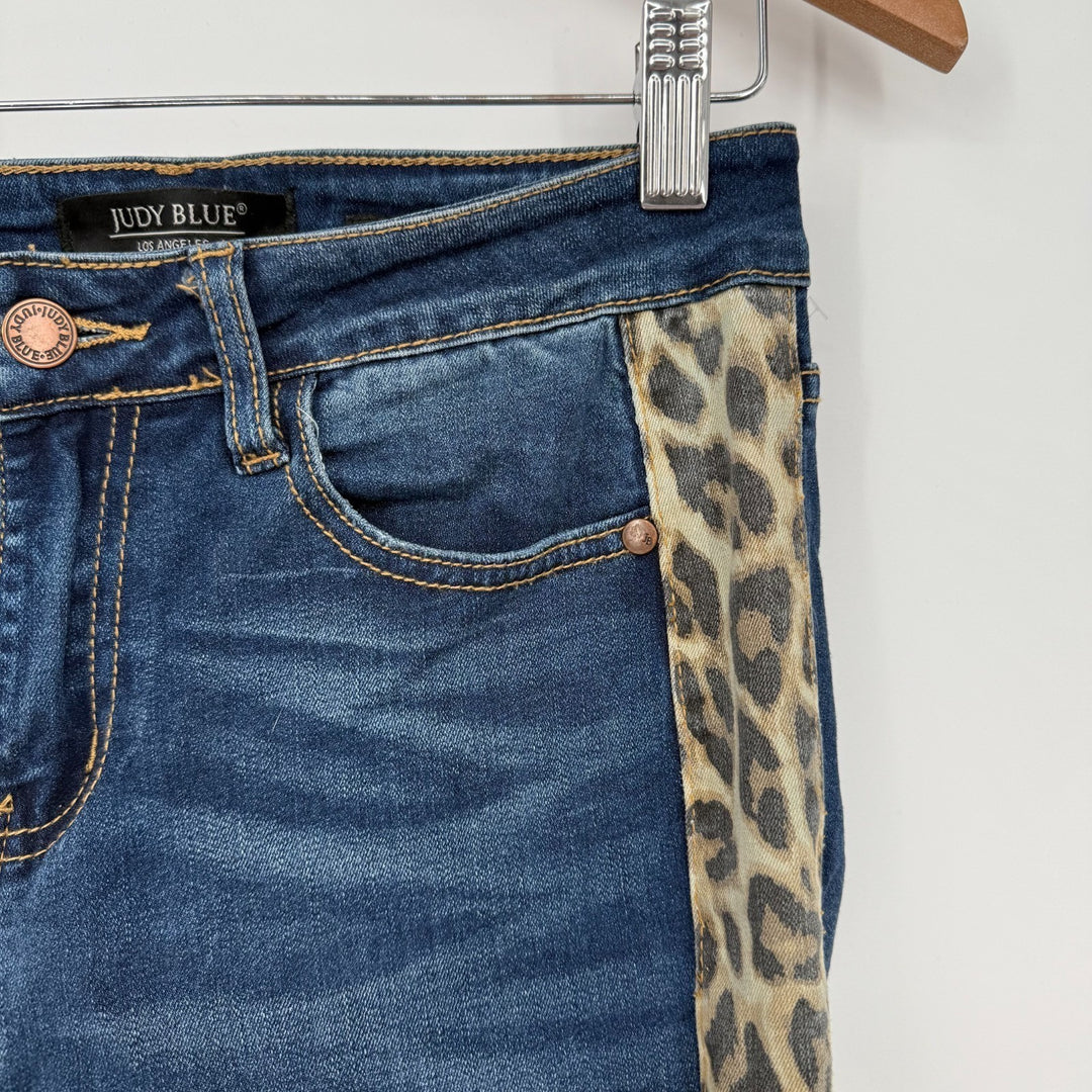 Judy Blue Jeans Womens 7/28 Blue Denim Logo Skinny Leg Leopard Print Side Stripe