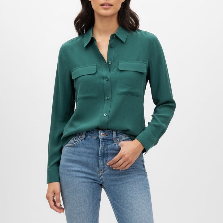 EQUIPMENT Femme Silk Button Down Shirt Green Long Sleeve Two Pocket Size XS