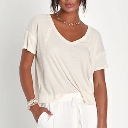 Lulus Cream Ribbed V Neck Dolman Sleeve T Shirt Top XS