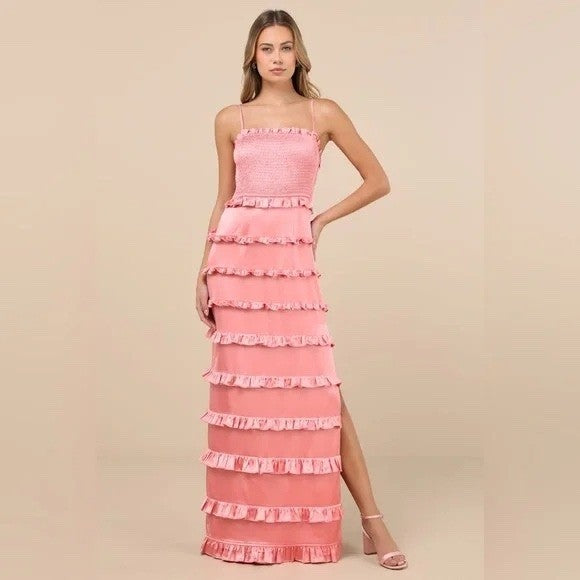 Lulus Sincerely Fabulous Peach Pink Satin Smocked Ruffled Maxi Dress Size M