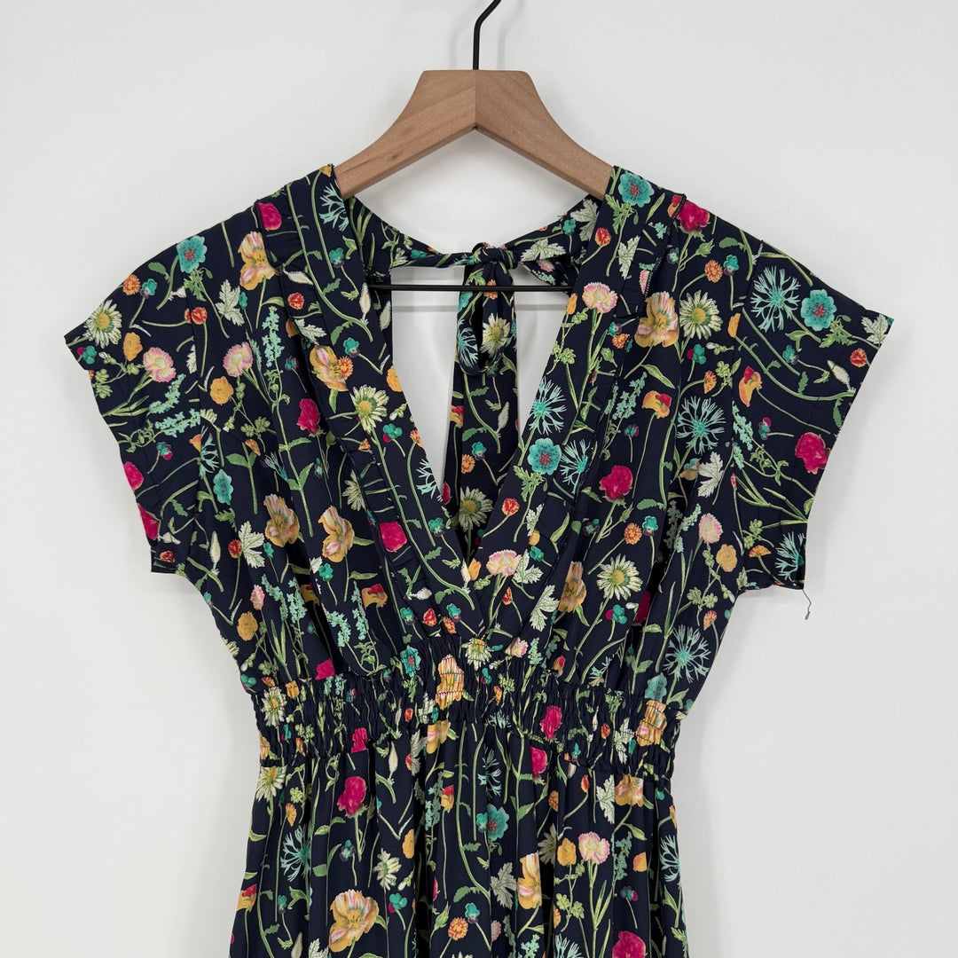 BETINA Floral Print Maxi Dress Deep V Neck Smocked Waist Tie Back Navy