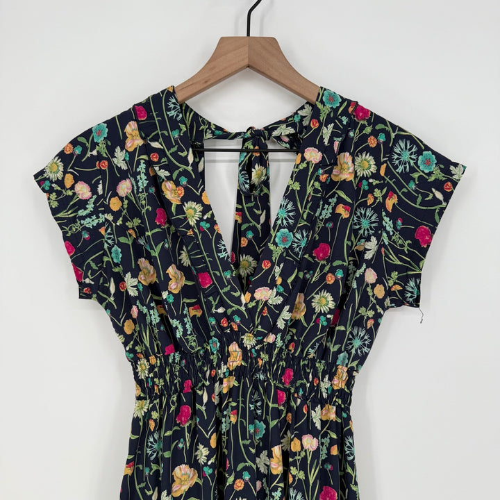 BETINA Floral Print Maxi Dress Deep V Neck Smocked Waist Tie Back Navy