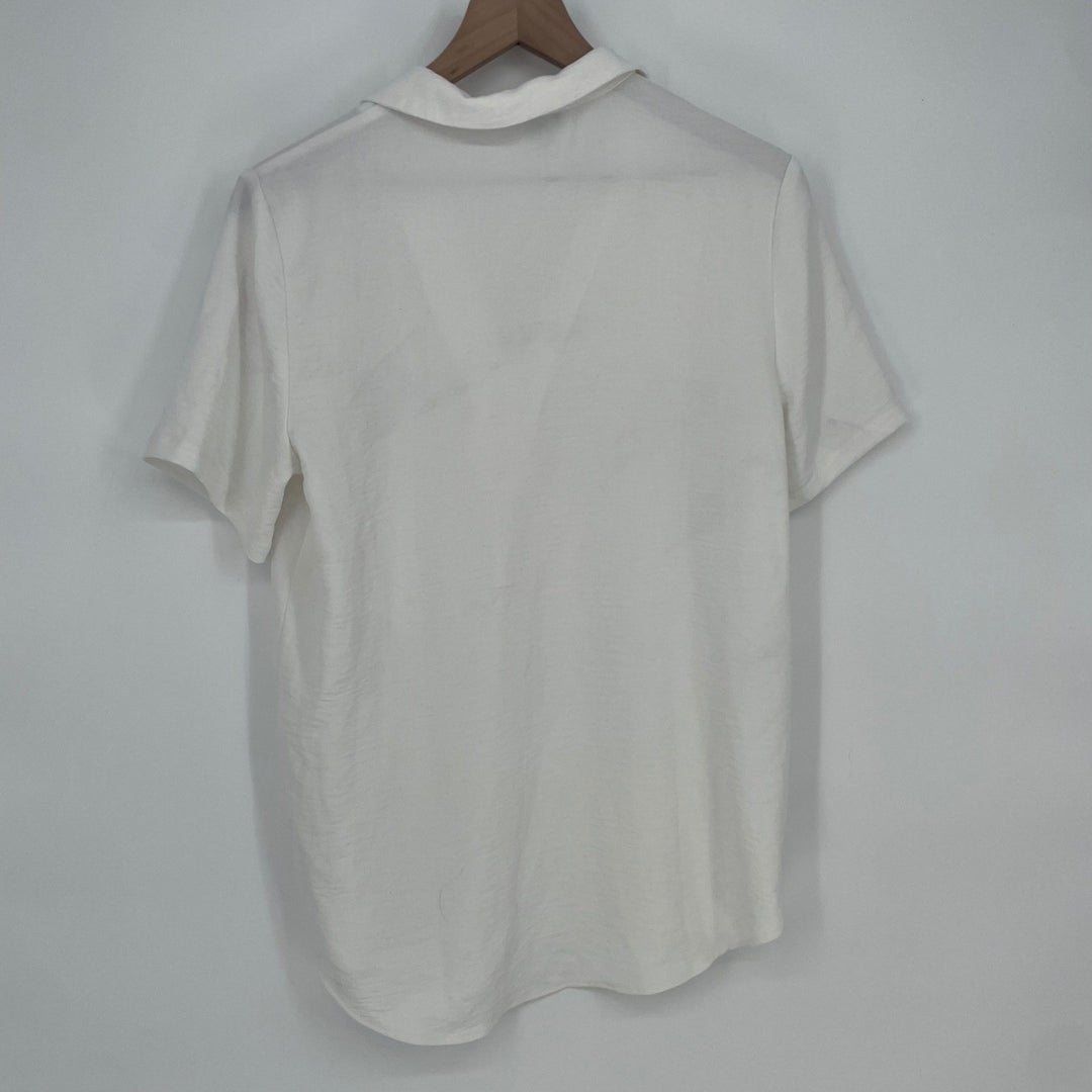 Hilary Radley White Short Sleeve Collared V Neck Blouse Top Size S