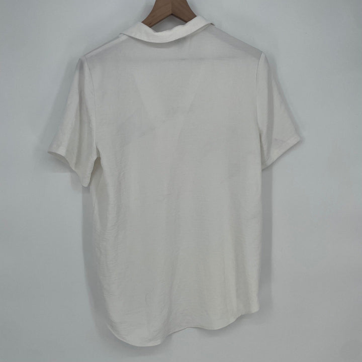 Hilary Radley White Short Sleeve Collared V Neck Blouse Top Size S