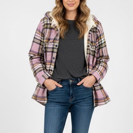 LLBean Sherpa Lined Plaid Flannel Shirt Jacket Hoodie XS