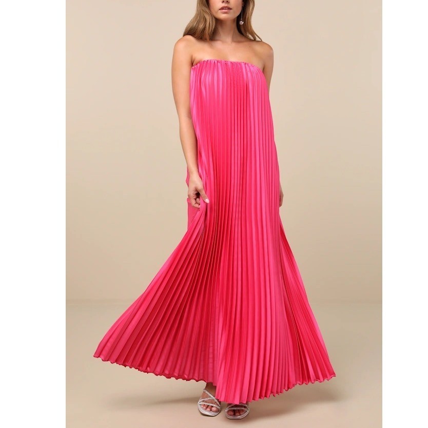 Lulus Strapless Pleated Maxi Dress Hot Pink XL