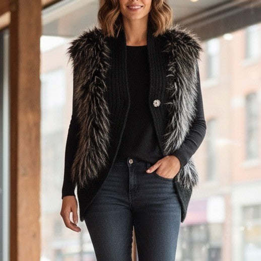 Collection Eighteen Women's Black Faux Fur Knit Vest Cardigan Size M L