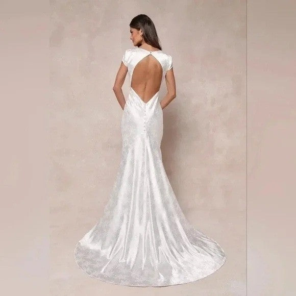 Lulus Loveliest Dream White Satin Jacquard Backless Mermaid Maxi Dress Size L