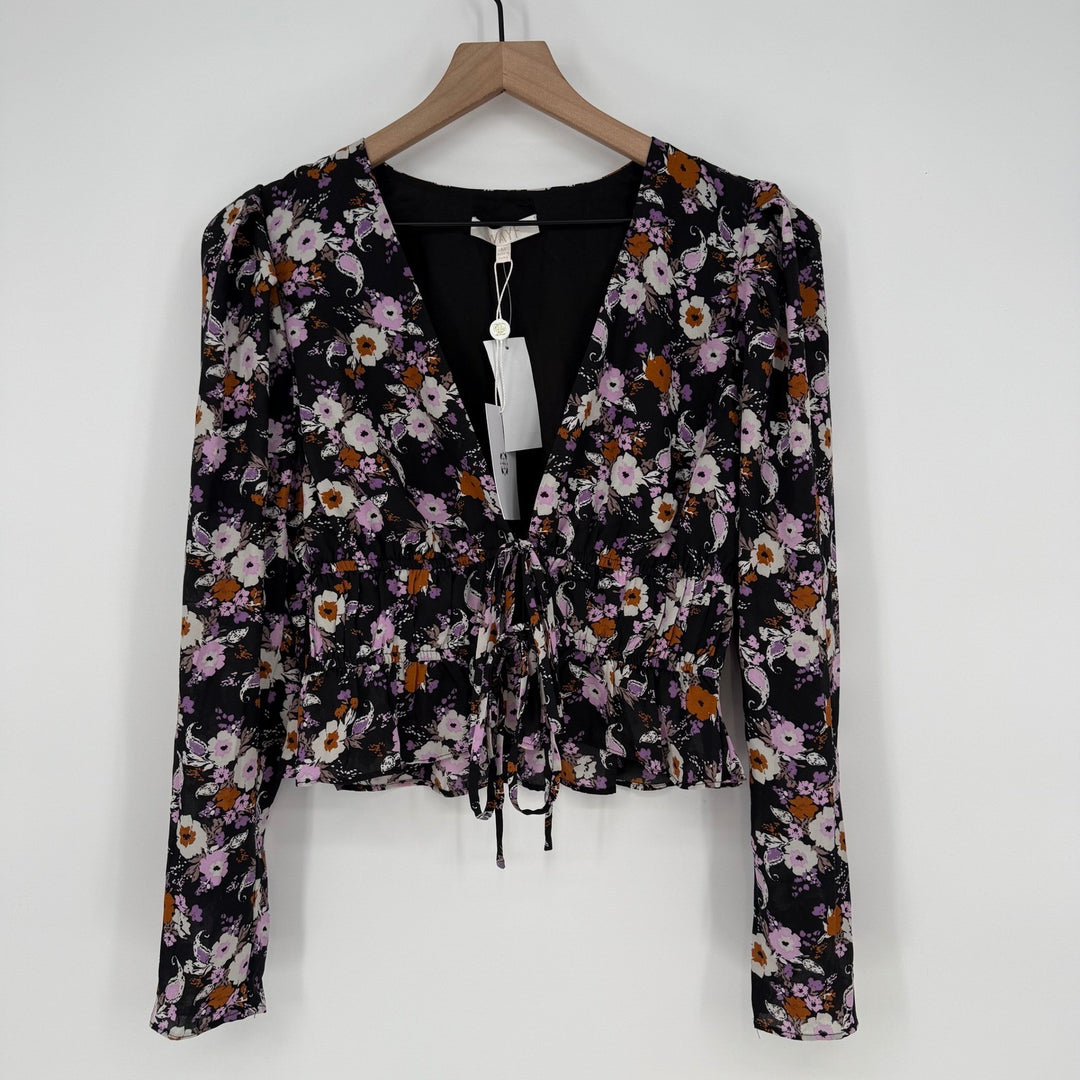 WAYF Sammie Floral Print Tie Front Blouse Long Sleeve Black Paisley Top M