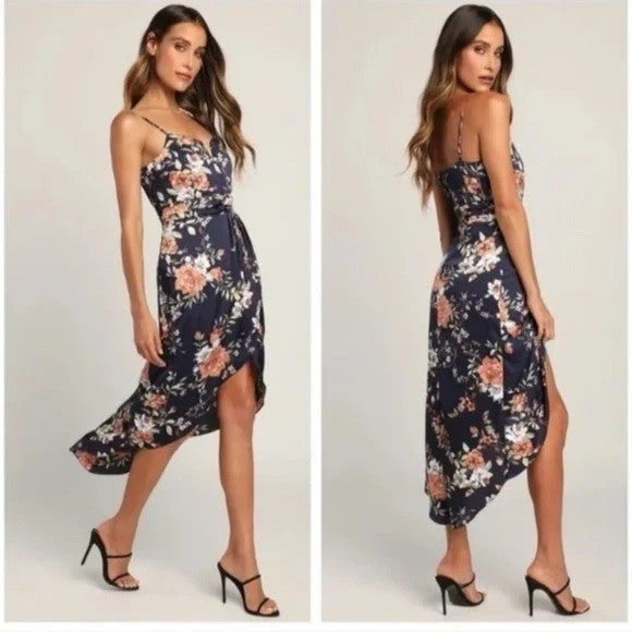 Lulus My Favorite Day Navy Blue Floral Print Tulip Skirt Midi Dress Size M