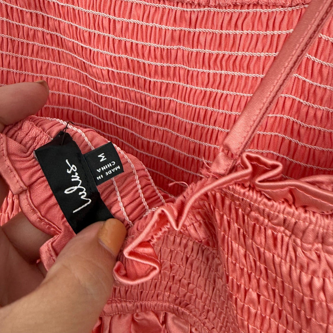 Lulus Sincerely Fabulous Peach Pink Satin Smocked Ruffled Maxi Dress Size M