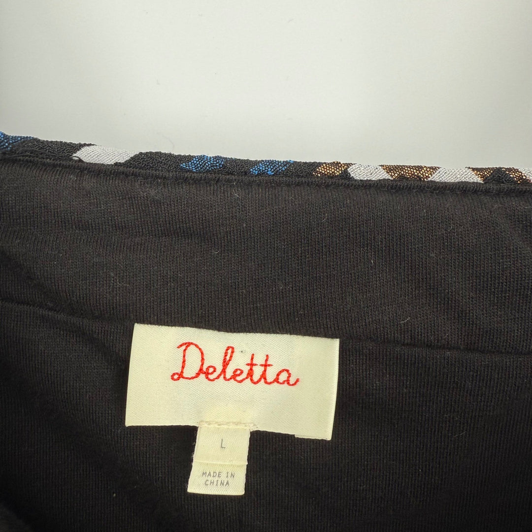 Anthropologie Deletta Nathalie Peplum Top Black Pleated Stripes Plaid Size L