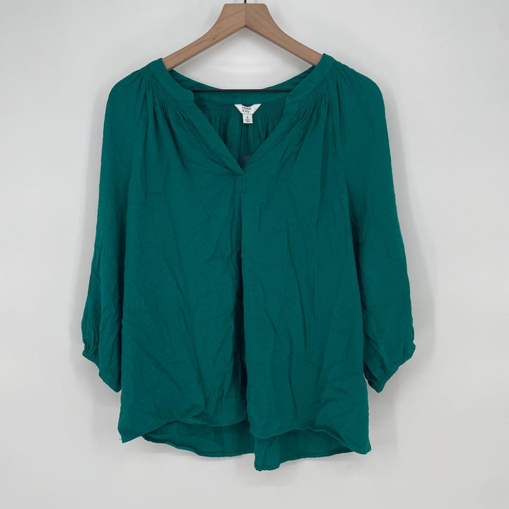Crown Ivy Teal Green Textured Gathered Neck 3/4 Sleeve Blouse Top Size S