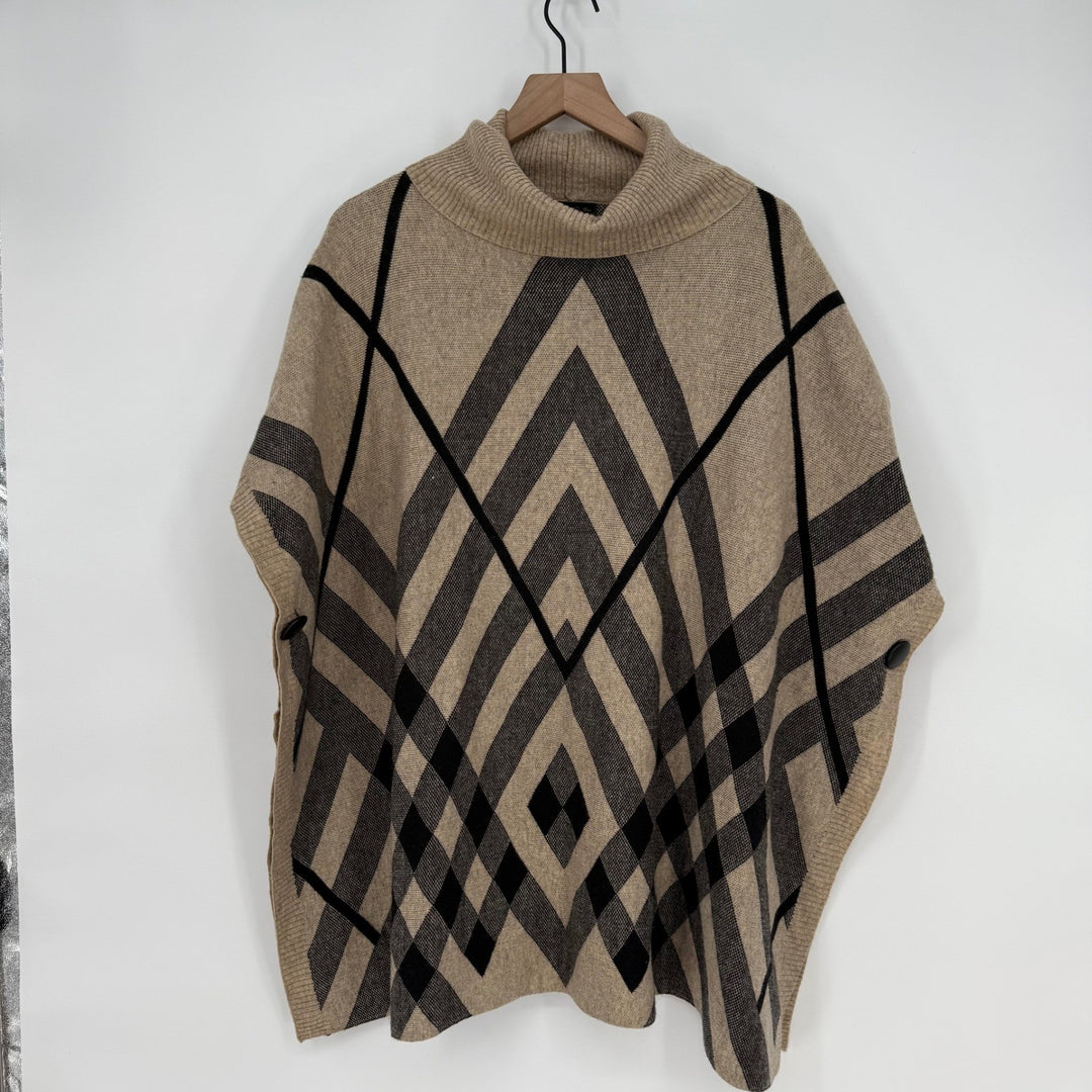 Bacciano Tan Plaid Turtleneck Poncho Cape Sweater Size M