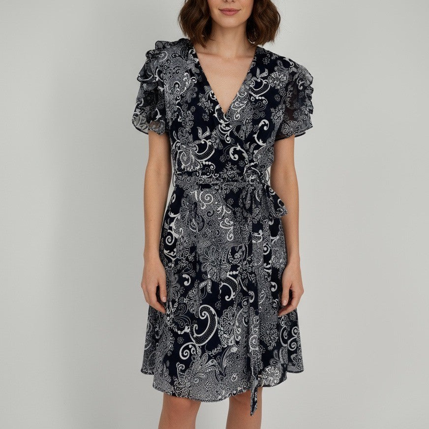 Glamour Women's Navy Blue White Paisley Print Wrap Dress Ruffle Sleeve Size 8