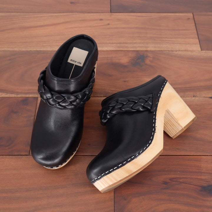 Dolce Vita Hila Leather Clog Mules Black Braided Chunky Heel Size 6.5