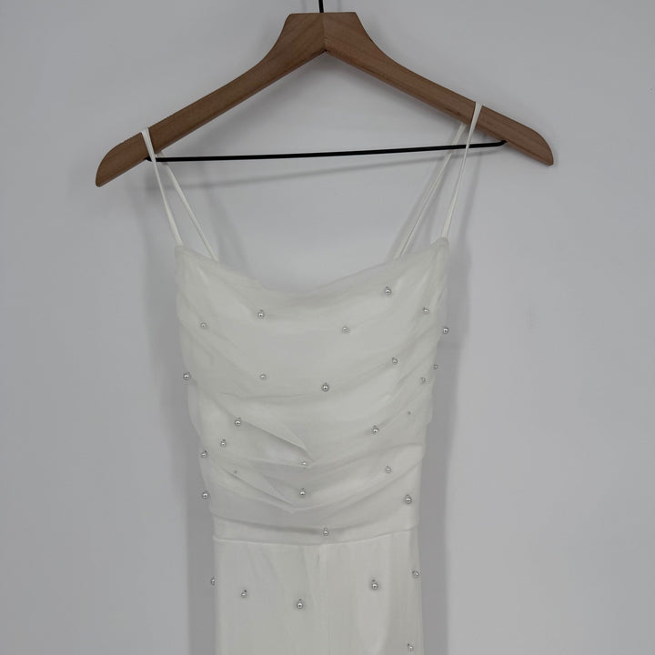Lulus Unbelievably Divine White Mesh Pearl Lace-Up Jumpsuit Size S